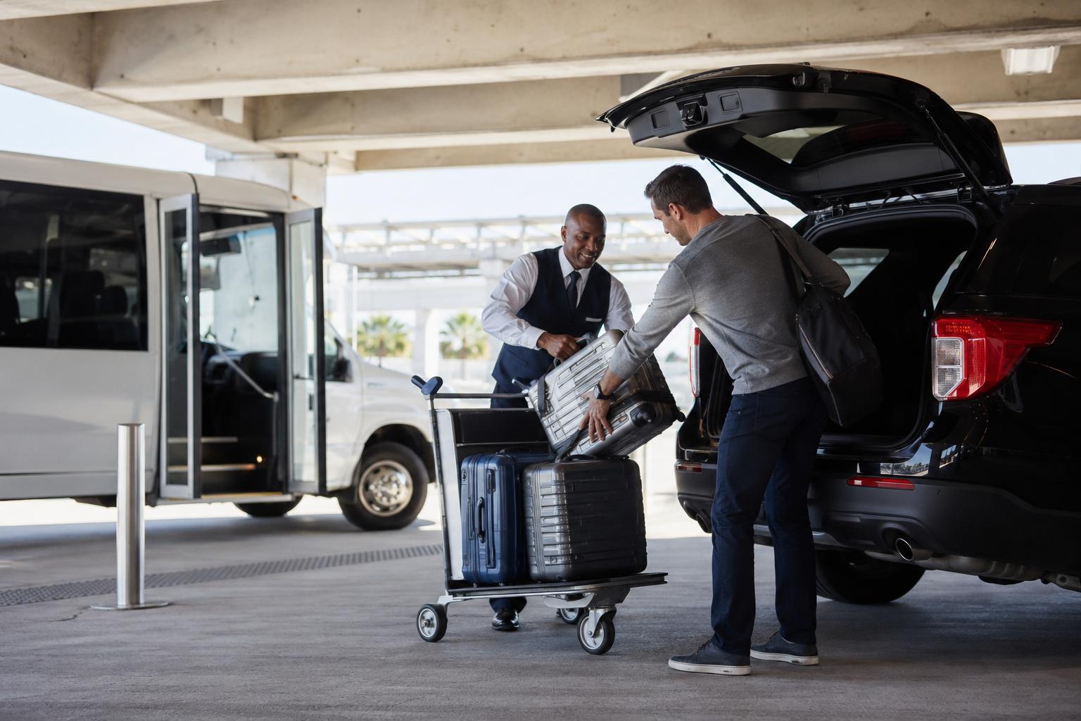 Airport parking shuttle driver helping traveler with luggage near parked vehicle