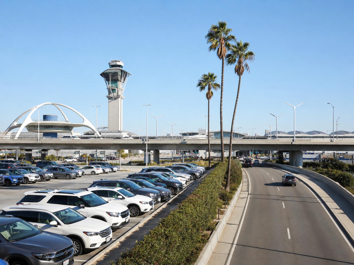 LAX airport parking area with control tower and palm trees