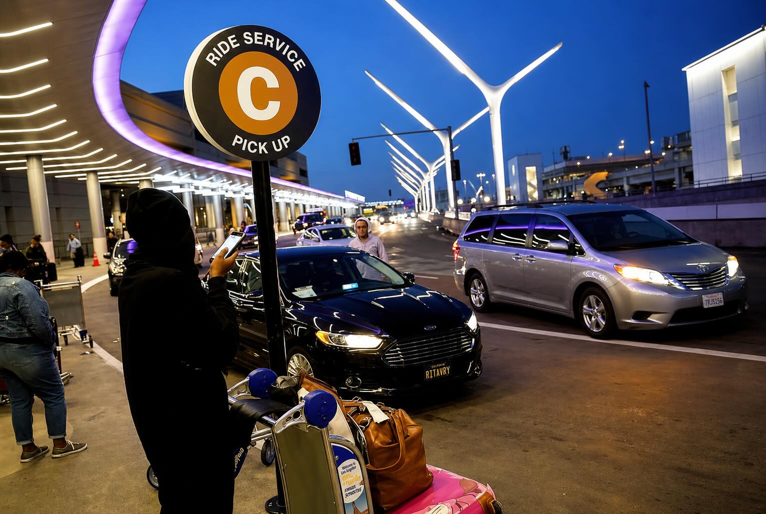 LAX rideshare pickup curb with passengers and cars at terminal