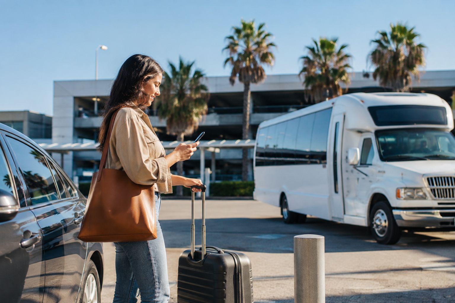 Traveler arriving at airport parking lot with suitcase and shuttle bus service