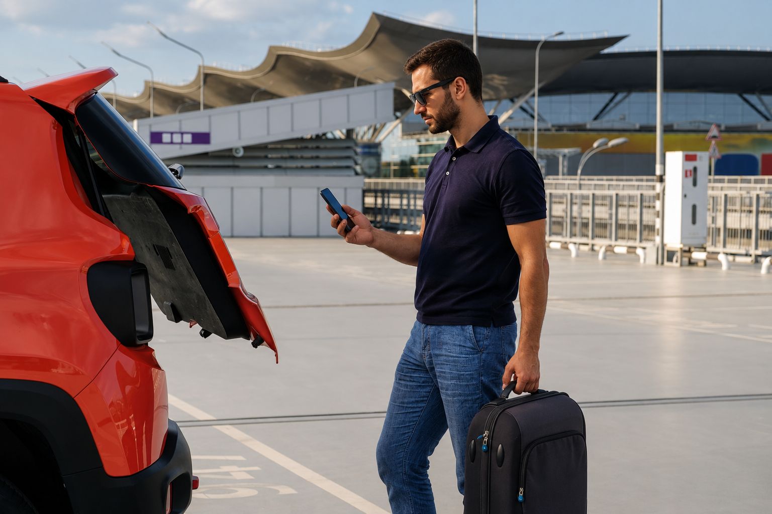Traveler checking a parking reservation before heading to the airport