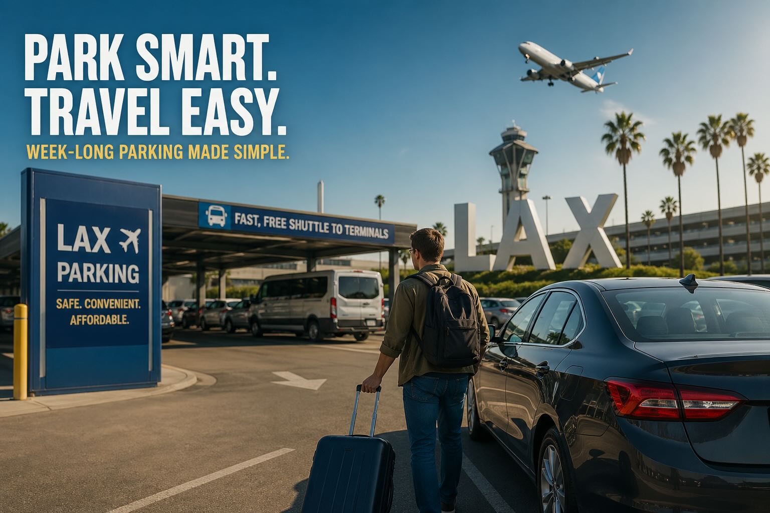 Traveler leaving car in LAX parking lot with suitcase before flight
