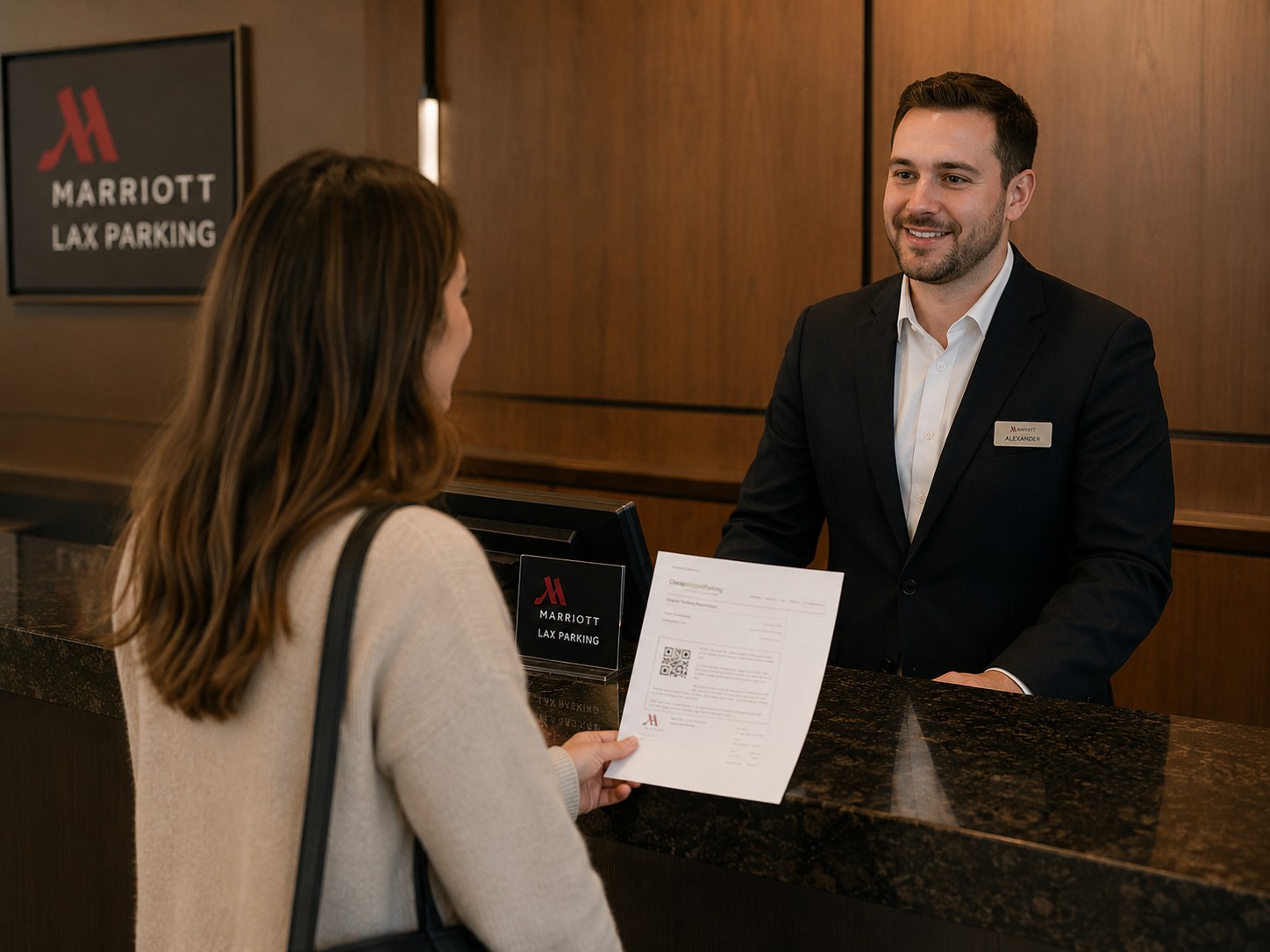 Traveler presenting a printed parking reservation at a hotel check-in desk
