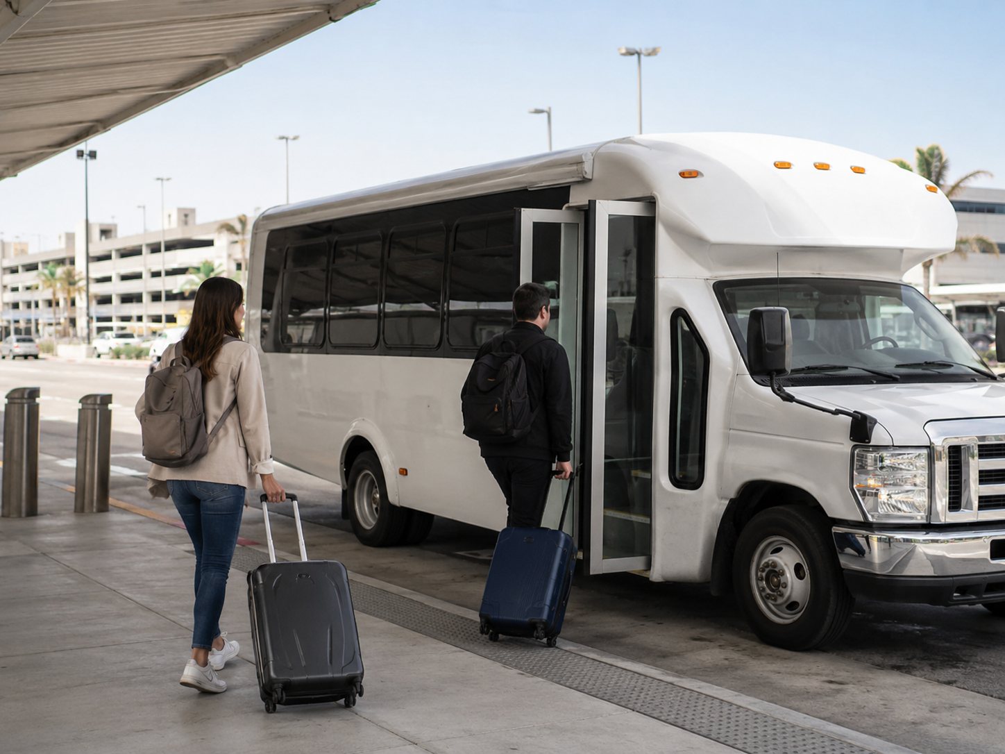 Travelers boarding an airport parking shuttle near LAX