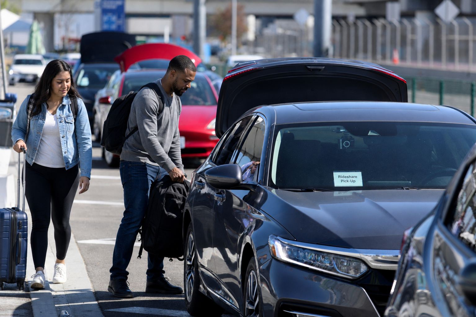 Travelers loading luggage into a rideshare vehicle at the LAX pickup area