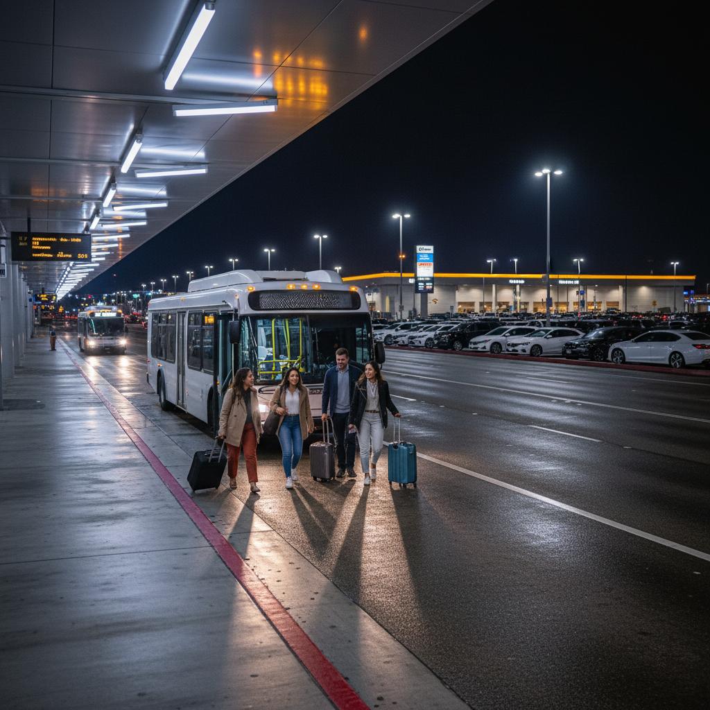 Travelers taking the airport parking shuttle after returning to LAX