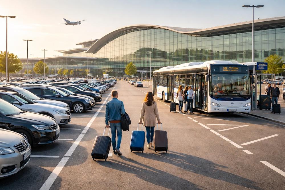 Travelers walking from an airport parking lot to the shuttle with luggage