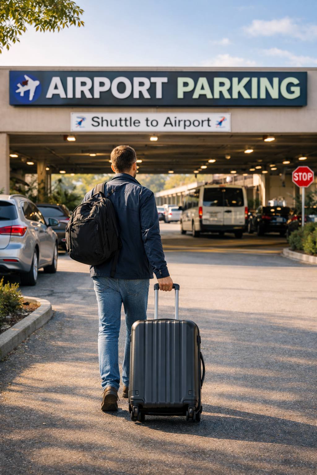 Traveler arriving at airport parking with suitcase